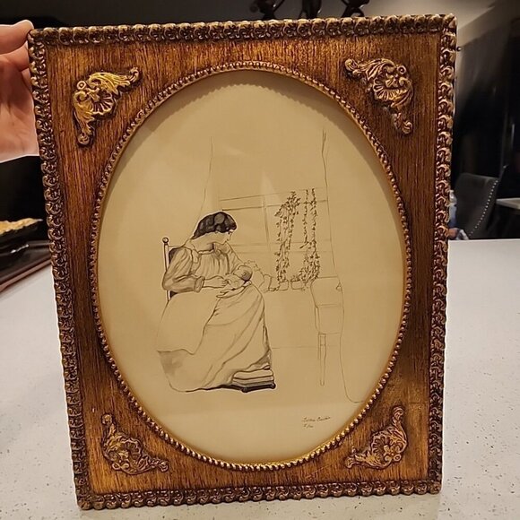 Framed Pencil Art Drawing Victorian Mother Baby Signed Tootsie Banta 5/100 - Picture 1 of 7